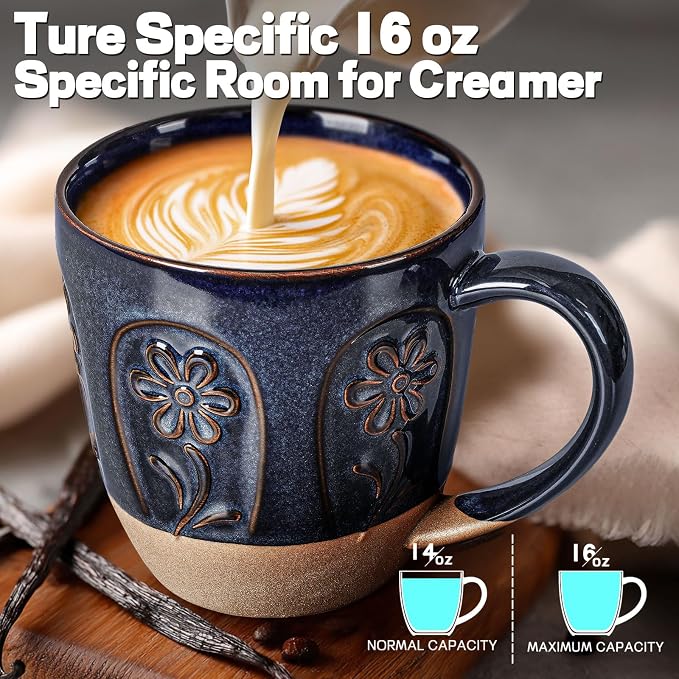 Artena Ceramic Coffee Mugs Set of 4, 16oz Embossed Large Latte Mugs Coffee Cups with Handle for Tea, Latte, Cappuccino & Cocoa, Milk Dishwasher & Microwave Safe, Blue (Pinwheel Flower) - Image 4