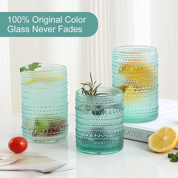 ZMOWIPDL Drinking Glasses Set of 12,Light Blue 12oz & 15oz Glass Cups | Vintage Hobnail Glassware，Embossed Water Tumbler,for Beer,Cocktail,Whiskey,Juice and Various Mixed Drinks - Image 3