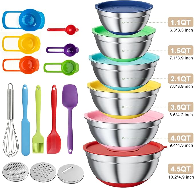 20-Piece Mixing Bowls Set with Airtight Lids – 6 Stainless Steel Kitchen Bowls (4.5QT, 4QT, 3.5QT, 2.1QT, 1.5QT, 1.1QT), 3 Grater Attachments, Non-Slip Silicone Bottoms, Perfect for Baking & Serving - Image 2