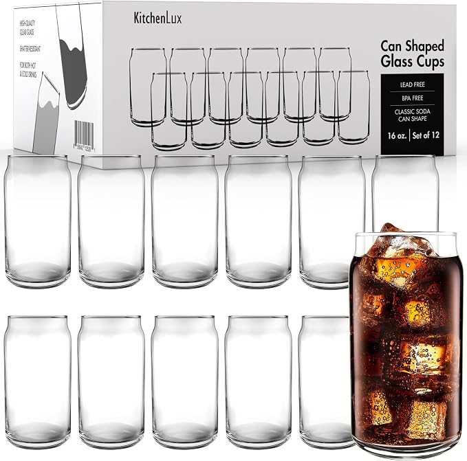 16 oz Can Shaped Glass Cups, Set of 12 Beer Can Glasses, Aesthetic Soda Can Cup Clear Glass Tumbler Beer Glasses, Cute Cups Tall Cocktail Drinkware, Cool Drinking Glasses for Kitchen, Modern Glassware - Image 8