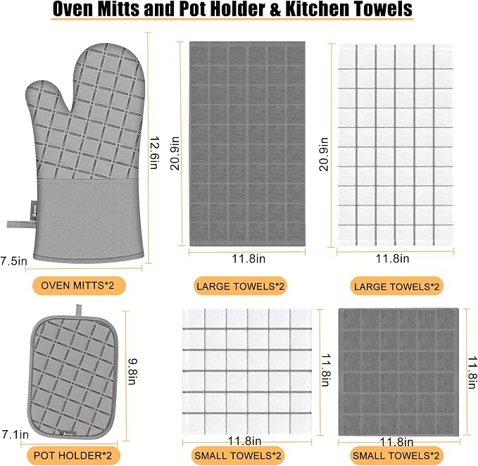 Oven Mitts Kitchen Towels and Dishcloths Pot Holders Sets, Oven Gloves Kitchen Dish Towels 500 Degree Heat Resistant Potholders with Non-Slip Silicone Surface for Cooking, Grilling, Baking-Gray - Image 2