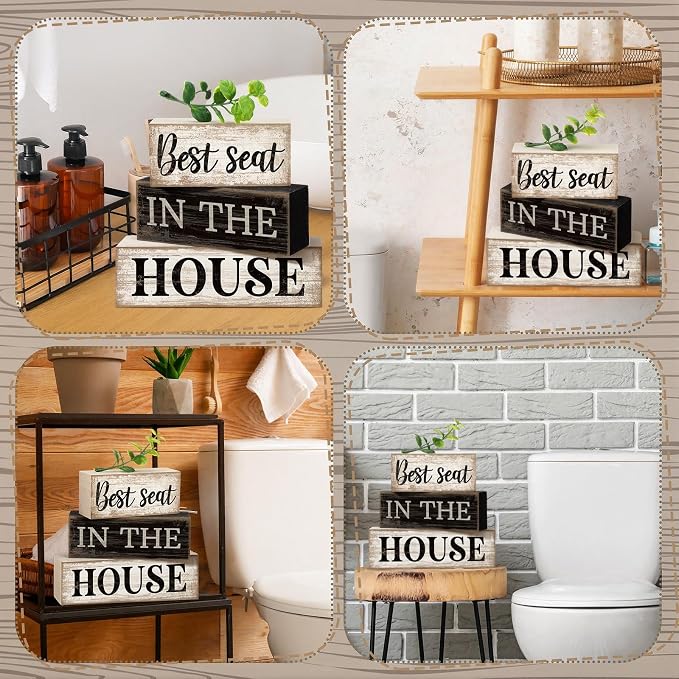 Moucuny 4 Pcs Bathroom Shelf Decor Signs Farmhouse Best Seat in the House Bathroom Decor and Accessories Rustic Eucalyptus Leaves Sign Gift Best Seat in the House Farmhouse Centerpiece for Home Toilet - Image 4