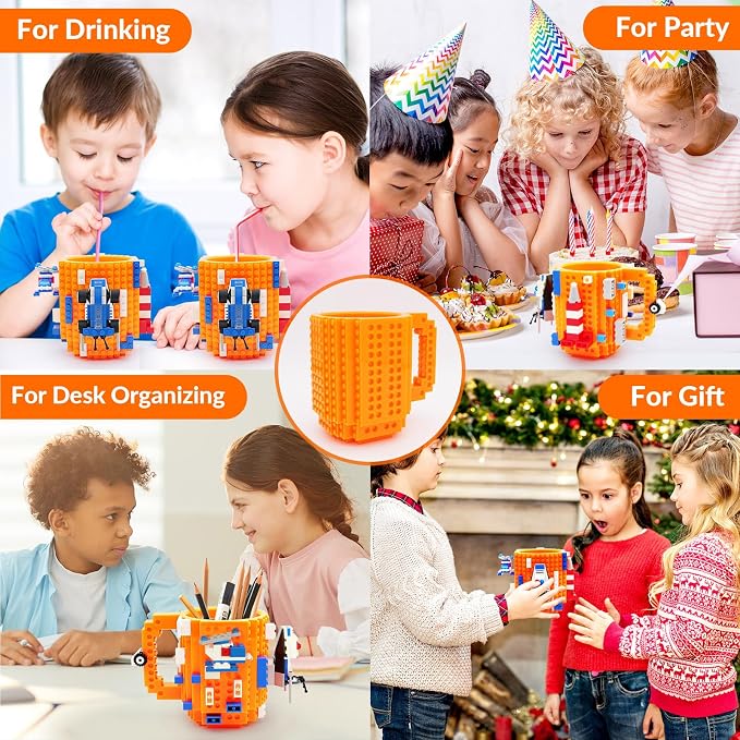Lumsburry Build-on Brick Coffee Mug, Funny DIY Unique Novelty Drinking Cup | Building Blocks Creative Mug, for Men Women Kids Dad Mom, Present Exchange Ideas, Xmas Birthday White Elephant(Orange) - Image 8