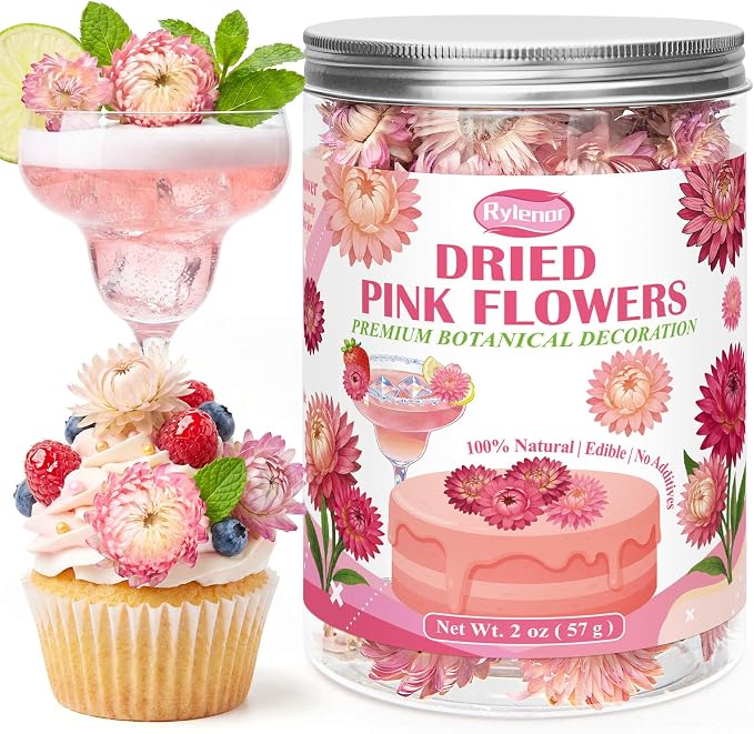 90-100 Pcs Edible Pink Dried Flowers, Food Grade Helichrysum Strawflowers | Natural Edible Dried Flowers for Garnishing Cocktails, Cake Decorations, Drink Botanicals, Tea Infusions and DIY Crafts by rylenor