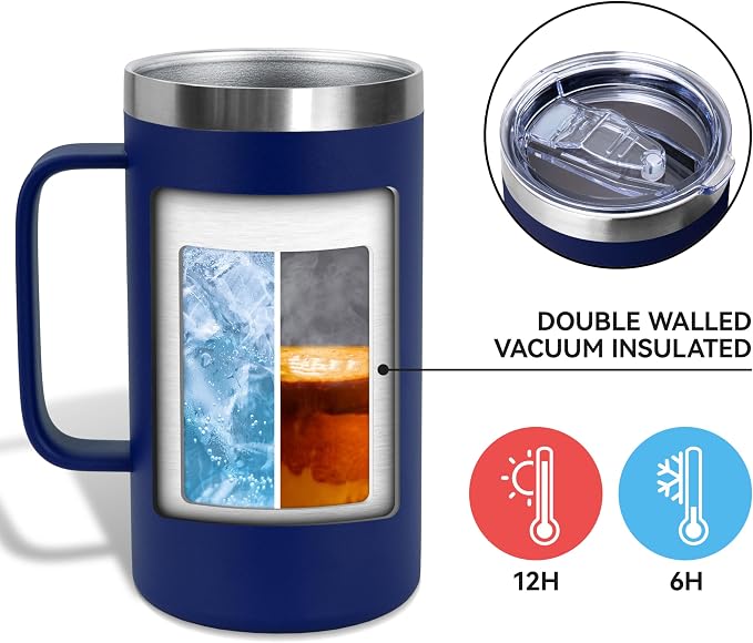 DOMICARE 24oz Mug with Handle and Lid, Stainless Steel Coffee Mug, Travel Mug with Handle, Double Wall Vacuum Coffee Tumbler, Reusable Insulated Cup, Navy, Pack 8 - Image 3