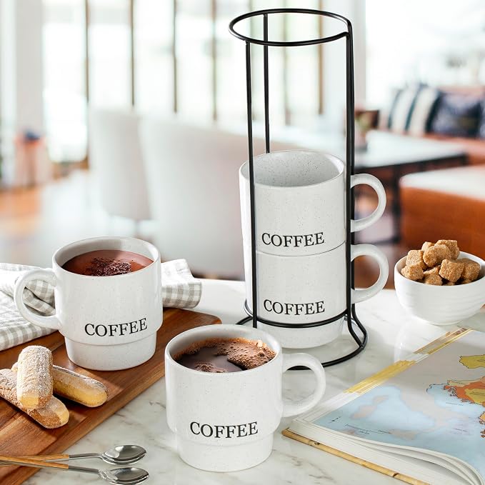 Signature Housewares Stackable Coffee Mug Tower Set with Metal Wire Rack - 15 Ounce Coffee Mugs for Coffee, Tea, Cocoa, Milk, Cappuccino, Hot Chocolate Set of 4 - White Coffee - Image 3
