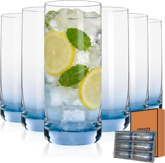 Blue Highball Glasses Set of 6,13oz Drinking Glass Cups for Mixed Drink Cocktail, Beer, Mojito, Water and Juice,Thick Tall Crystal Glassware for Kitchen, Restaurant, Home Bar and Parties by GLAZVIAElegantGlass