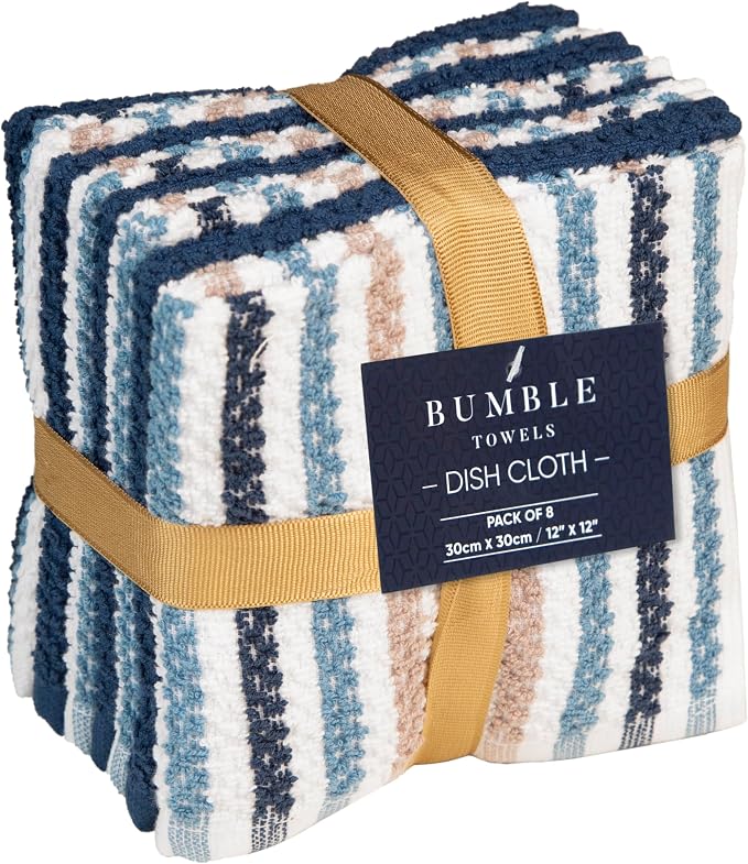 Bumble Dish Cloths 8-Pack, Cotton Kitchen Towels, 12"x12" Blue Wide Stripes | 430 GSM Soft Dish Towels for Kitchen, Highly Absorbent & Durable Kitchen Rags for Washing Dishes - Image 3