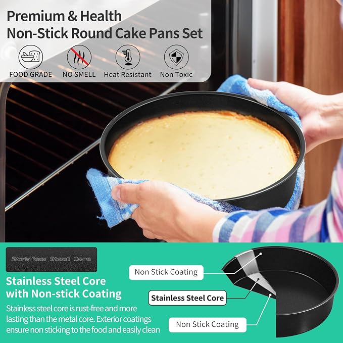 P&P CHEF 9.5 Inch Cake Pan Set, Non-stick Baking Pans for Cake, 4Pcs | Round Cake Baking Tins for Tier Smash Cakes, Bread, Non-Toxic & Solid, Stainless Steel Core & Leak-Proof, Black - Image 4