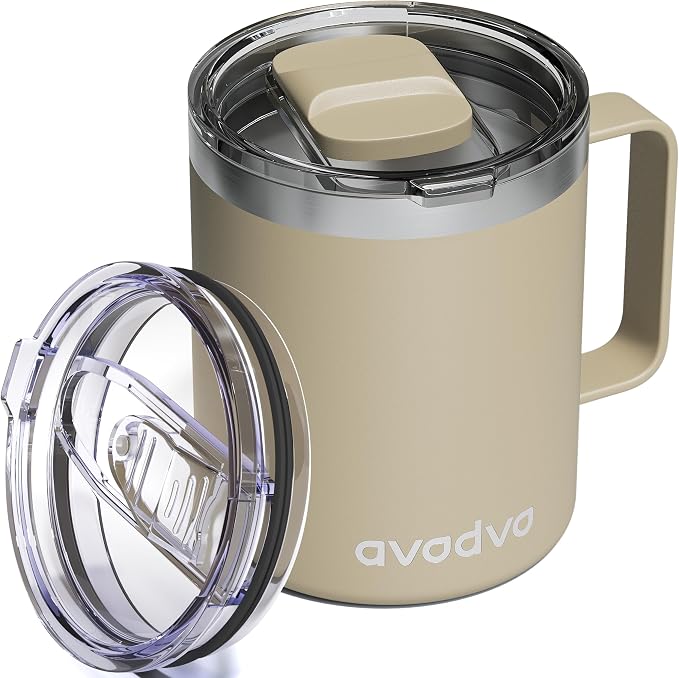 12oz Insulated Coffee Mug with Lid – Includes Two Lids, Stainless Steel Coffee Travel Mug with Handle, Double Wall Vacuum Insulated Camping Mug for Home, Office & Outdoor, Brown by avodvo