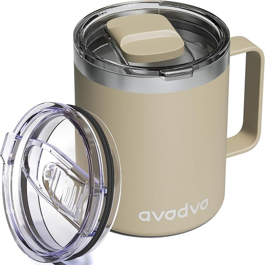 12oz Insulated Coffee Mug with Lid – Includes Two Lids, Stainless Steel Coffee Travel Mug with Handle, Double Wall Vacuum Insulated Camping Mug for Home, Office & Outdoor, Brown by avodvo
