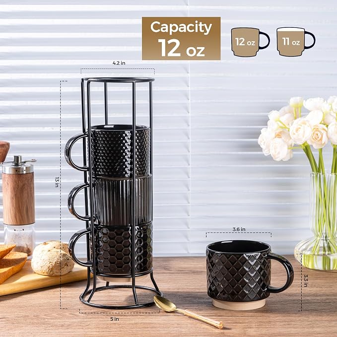 GBhome 12 OZ Stackable Coffee Mugs Set of 4, Ceramic Black Coffee Cups Set | Coffee Mugs With Stand, Dishwasher&Microwave Safe, 4 Assorted Designs - Image 3