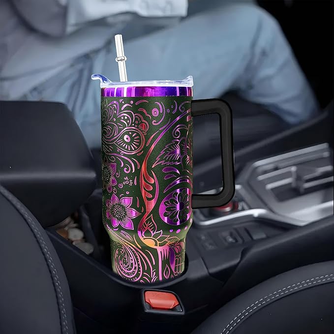 Goth 40 oz Skull Laser Engraving Tumbler With Handle With Lid Straw Double Insulated Travel Coffee Cup Skull Travel Accessories Must Have Gifts For Women