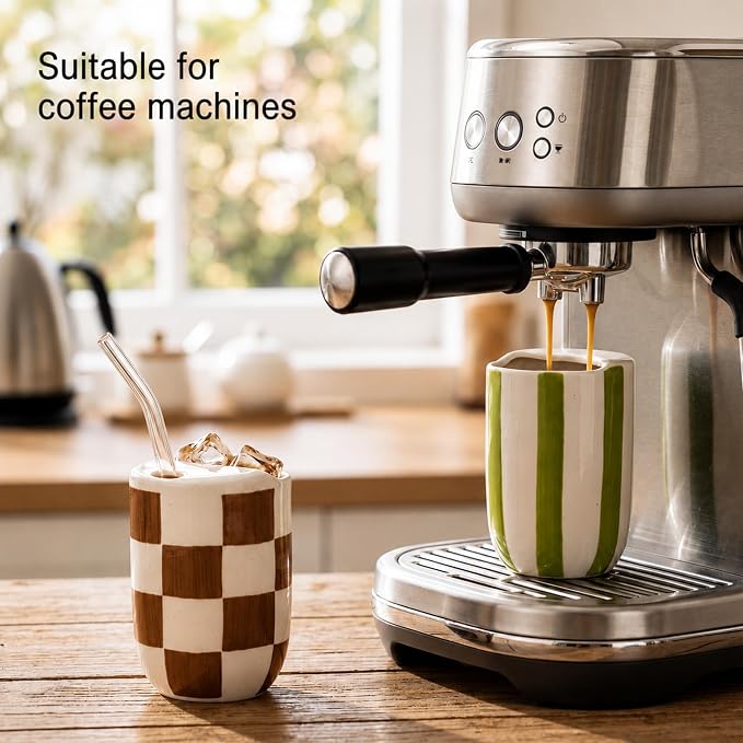 Hushee 2 Pack 16 oz Ceramic Coffee Mugs with Sip Hole, Retro Hand-painted Ceramic Travel Mug, Green White Striped &brown White Plaid Design, Microwave & Dishwasher Safe, Ideal Gifts for Coffee Lovers - Image 4