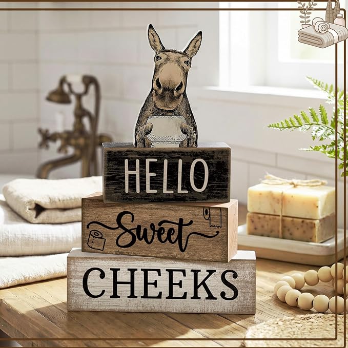 Moucuny 4 Pcs Donkey Bathroom Decor Set Farmhouse Bathroom Decor and Accessories Rustic Hello Sweet Cheeks Wooden Blocks Signs Funny Donkey Toilet Shelf Decoration for Home Office Half Bath - Image 8