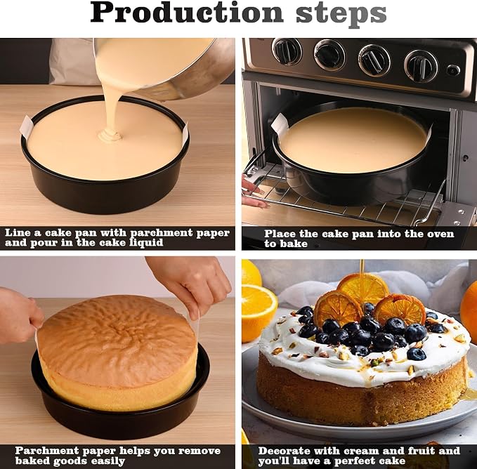HUAKENER 10 Inch Cake Pan,2Pcs Round Cake Pan with Parchment Paper | Carbon Steel Cake Baking Pans with 70 Pieces Parchment Paper, Non-stick Cake Baking Pans, Dishwasher Safe - Image 5