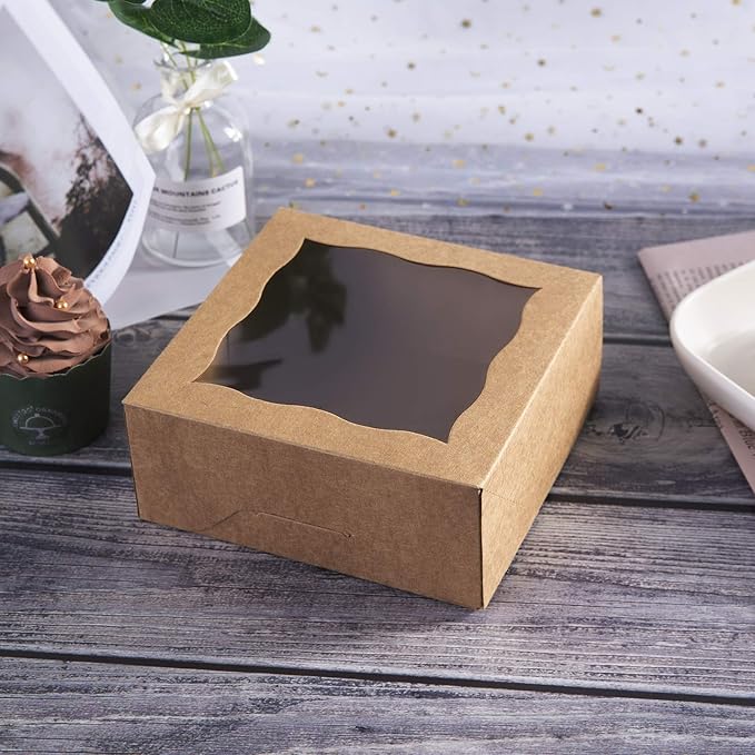 ONE MORE [25pcs] 6" Brown Bakery Boxes with pvc Window for Pie and Cookies Boxes Small Natural Kraft Paper Box,6x6x2.5inch(Brown,25)