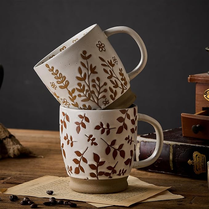 18 Oz Large Ceramic Coffee Mug Set of 2 - Rustic Handmade Floral Mugs with Handle, Microwave Safe for Latte Espresso Cappuccino Tea Cocoa Milk, Modern Unique Big Cups for Kitchen Women(Caramel Brown) - Image 4