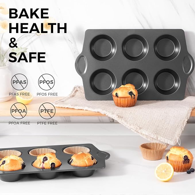 Nonstick Jumbo Muffin Pan, 2 Pack Large Cupcake Tin with 120pcs Muffin Liners, Cup Cake Tray for Baking, 3.5dia, 6 Cup, Premium, Extra Thick - Image 2