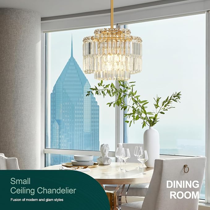 Modern 12.8“ Gold Crystal Chandelier Ceiling Light Fixtures for Dining Room Luxury Glam 4-Light Crystal Chandeliers Lighting for Bedroom Entryway Hallway Living Room Kitchen Island Foyer - Image 3
