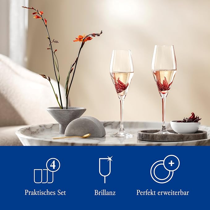Villeroy & Boch La Divina Collection Champagne Flute, 4 oz Capacity, Set of 4 Crystal Glass, Made in Europe | Crystal glass champagne flutes, made in Europe, dishwasher safe, finely curved for champagne or sparkling Prosecco - Image 5