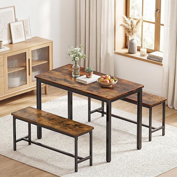 Dining Table Set for 4, Kitchen Table with 2 Benchs, Brown | Modern Functional 3 Piece Space-Saving Dining Room Table Set for Apartment, Breakfast Nook, Small Space - Image 3