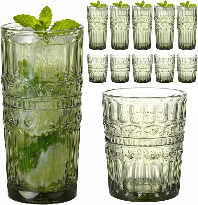 Green Drinking Glasses Set of 12, 12 Oz Highball & 10 Oz Cocktail Glasses, Green Kitchen Vintage Glassware Set, Floral Embossed Glass Tumbler Cups for Beer, Juice, Whiskey, Coffee(Crown) by FERAHI