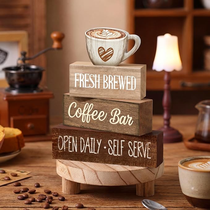 Moucuny 4 Pcs Farmhouse Coffee Bar Signs Decor Wooden Cup Rise & Shine It's Coffee Time Rustic Wood Cafe Sign Gift for Home Kitchen Tabletop Decor - Image 2