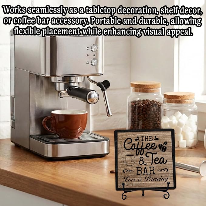 Coffee Bar Sign, Love is Brewing Farmhouse Tabletop Decor, Coffee and Tea Lover Gifts, 5x5 Wood Plaque with Iron Stand for Home Kitchen Cafe, Coffee Bar Decor – L02 - Image 4