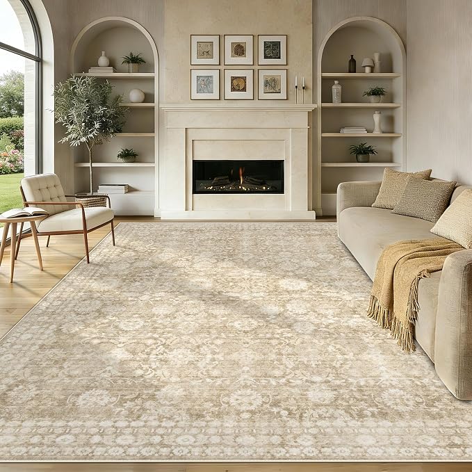 8x10 Area Rugs for Living Room: Washable Large Vintage Floral Rug Low Pile Non-Slip Boho Carpet for Bedroom Home Office Dining Room (Brown, 8'x10') by LOSBULAKE