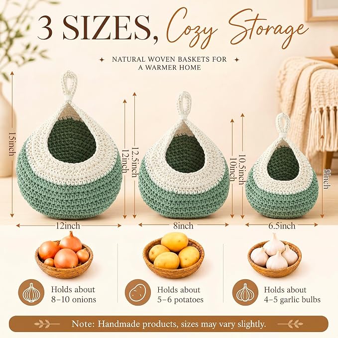 Honeydak Boho Decor Hanging Wall Baskets for Kitchen 3 Pack Teardrop Baskets with Hooks Storage Fruit Onion Vegetable Potato for Home 3 Sizes(White with Sage Green,Teardrop,Cotton Rope) - Image 2