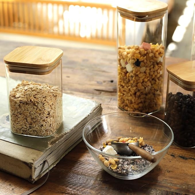 LIBWYS 8-Pack Square Glass Storage Jars with Bamboo Lids (0.6Qt/1.06Qt) | Stackable Dry Food Containers for Pantry Organization, Coffee, Flour, Snacks, Tea, Sugar | Kitchen Canisters Set - Image 3