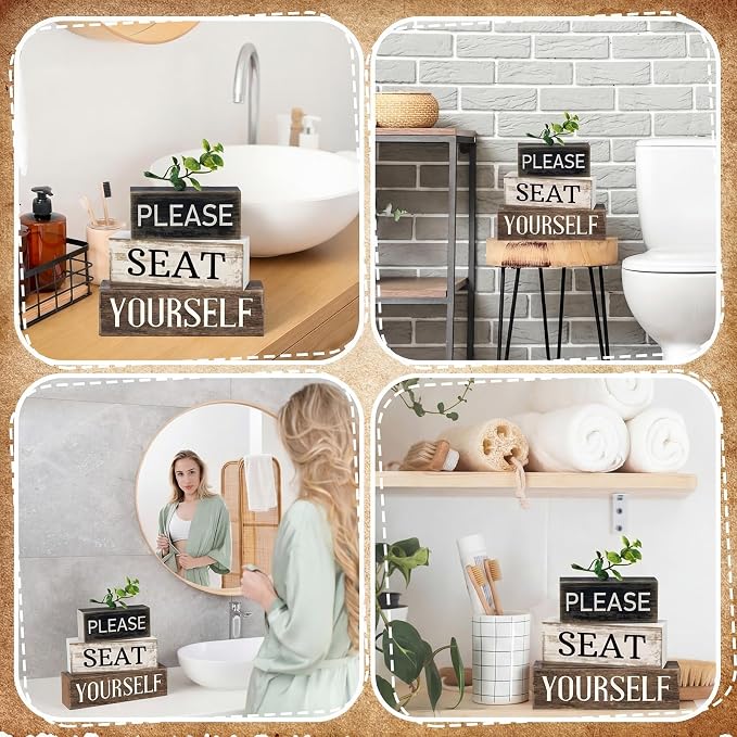 Moucuny 4 Pcs Bathroom Shelf Decor Farmhouse Bathroom Decor and Accessories Please Seat Yourself Sign Rustic Eucalyptus Leaves Wood Block Sign Gift Home Table Centerpiece for Home Office - Image 5