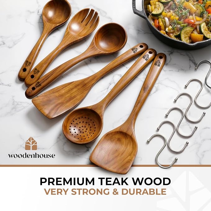 Wooden Spoons for Cooking – 6 Pcs Premium Teak Wooden Utensil Set | Durable, Nonstick Safe, Heat Resistant & Easy to Clean with Ergonomic Handles - Image 2