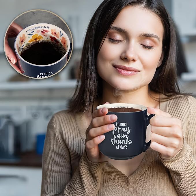Christian Art Gifts Large Inspirational Ceramic Coffee & Tea Scripture Mug for Women: Rejoice, Pray & Give Thanks Encouraging Bible Verse, Microwave/Dishwasher Safe Cup, Navy & White Multicolor Floral - Image 4