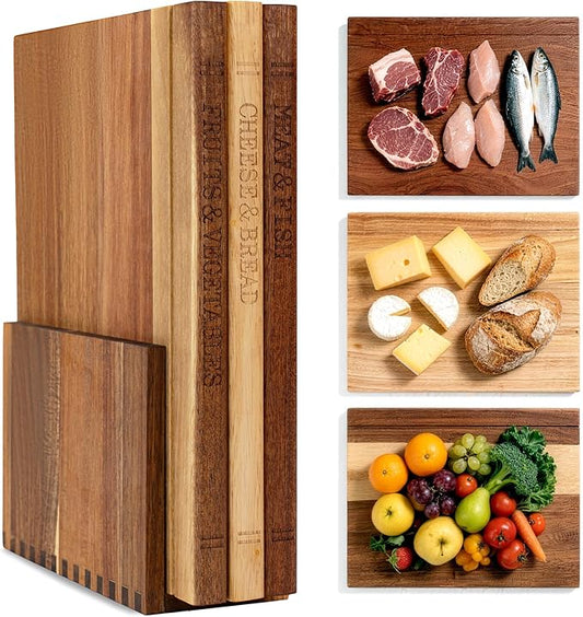 Book Cutting Board Set with Wooden Stand for Home Cooks | 3 Labeled Boards for Fruits Veggies,Meat Fish,Bread Cheese Organized Prep,No Cross Contamination by wnfouhomesolutions