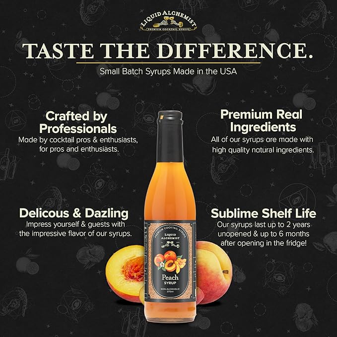 Liquid Alchemist Peach Syrup for Drinks - Real Ingredients Make our Peach Puree for Cocktails a Perfect Bellini Mix - Our Flavored Syrup is Non-GMO & Vegan (12.7 oz)