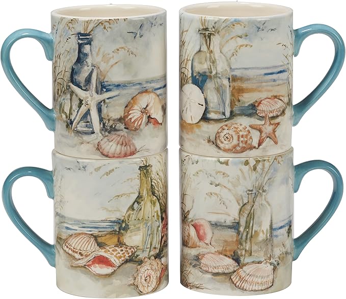 Coastal Landscape 16 oz. Ceramic Mugs – Set of 4 Assorted Beach Designs with Starfish, Shells & Ocean Bottles – Seaside Coffee Cups for Tea, Hot Cocoa, or Gifting – Blue Handle Accent by CERTIFIEDINTERNATIONAL
