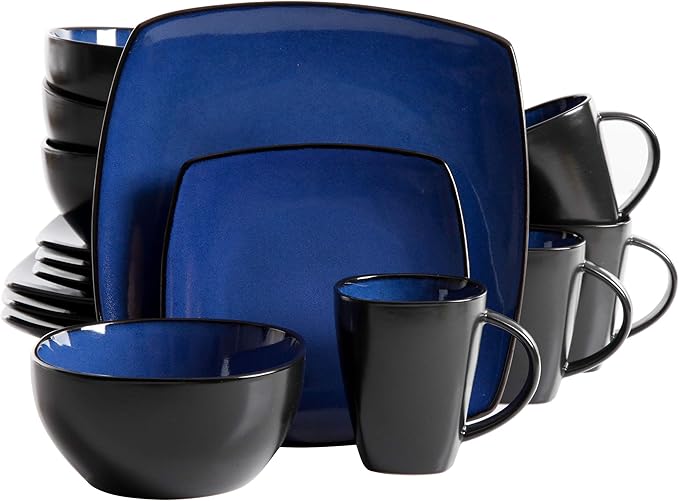 Gibson Elite Soho Lounge Square Reactive Glaze Stoneware Dinnerware Set, Service for 4 (16pc), Sapphire by GibsonHomewares