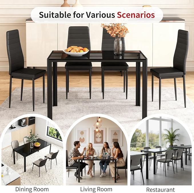 FDW | Dining Table for 4-6 People | Black | 47 Inch Rectangular Glass Kitchen Table | Space-Saving and Modern Design | for Dining Room, Easy to Assemble - Image 5