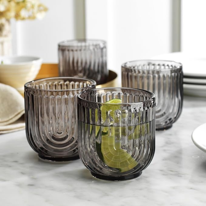 Glaver's 8 Piece Smoke Glassware Set, Art Deco Black Drinking Glasses, Ribbed U-Shape Design, 4 Highball 17oz and 4 Whiskey 11oz DOF Arch Drinkware - Image 7