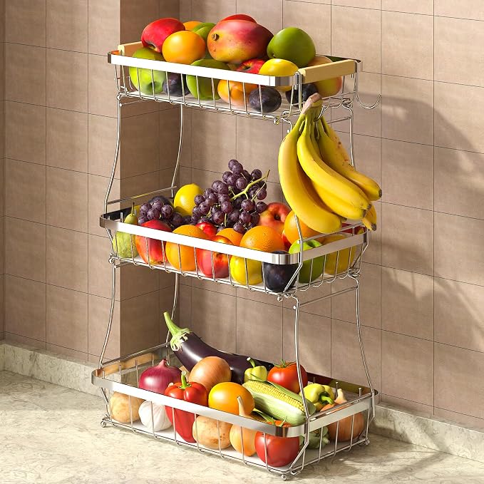 3-Tier Fruit Basket with Banana Hangers, Detachable Metal Bowl | Wooden handle, protective mats included. Versatile holder for bread, snacks, and veggies. Large 3 tier metal design. by Sevenblue