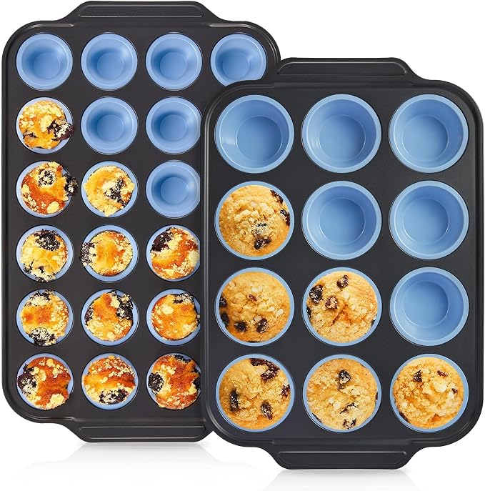 BRONYPRO 2-Pack 12 Cup and Mini 24 Cup Silicone Muffin Pans for Baking with Metal Frame, Egg Bite Molds, Muffin Tins Easy to Pop Nonstick Non Toxic Bakeware for Oven,Blue by Bronypro