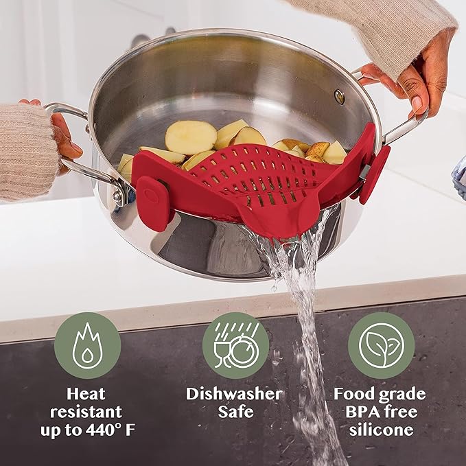 Kitchen Gizmo Snap N Strain Silicone Pot Strainer - Adjustable Clip-On Pasta Strainer for Pots, Pans, and Bowls - Large Red Kitchen Colander - Image 5