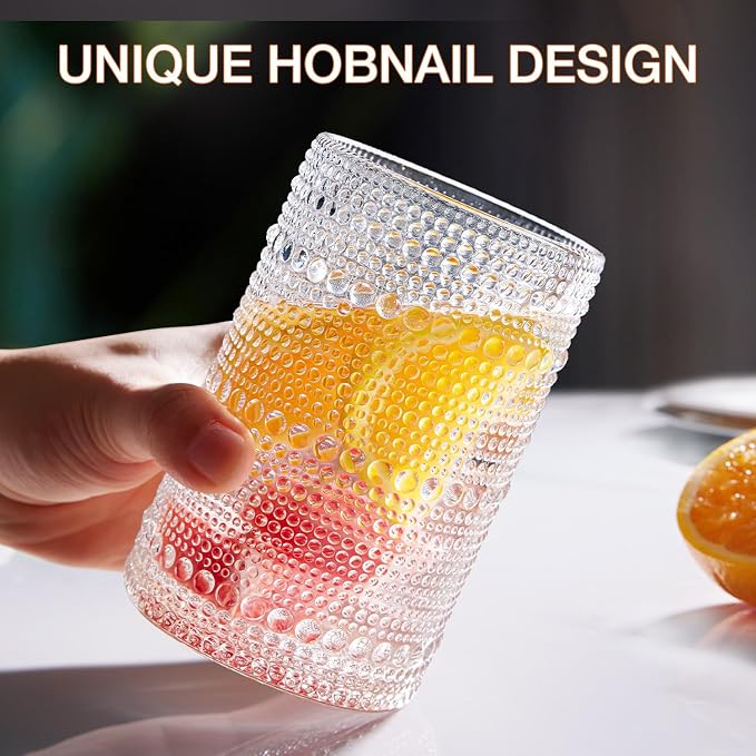 Hobnail Drinking Glass Set of 8, 4 Highball Glasses 15oz,4 Rocks Glass 12oz | Mixed Drink Cocktail Glass, Vintage Embossed Glassware Sets for Whiskey,mocktails, Water & Juice Drinkware - Image 5