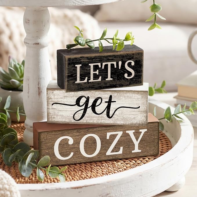 Moucuny 4 Pcs Farmhouse Table Decor Inspirational Wooden Signs Rustic Eucalyptus Leaves Wooden Block Sign Gift Let's Get Cozy Farmhouse Table Centerpiece for Living Room Housewarming Gift - Image 3