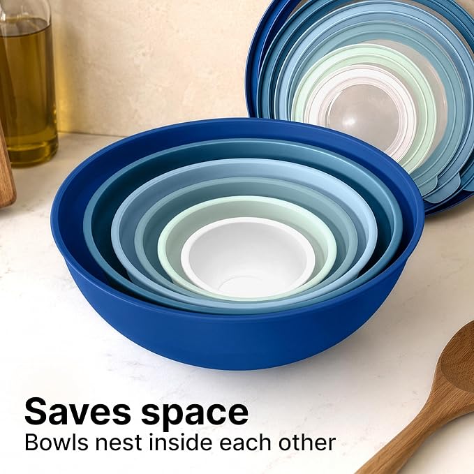 Zulay Kitchen 12 Piece Plastic Mixing Bowls with Lids Set - Leak-Proof Microwave & Freezer Safe Stackable Mixing Bowl Set for Preparing, Serving and Storing - Non-Slip Large Nesting Bowls (Blue Ombre) - Image 3