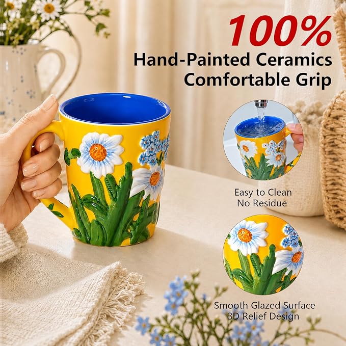 Ceramic Coffee Mug, 19 oz Large Floral Mug with Lid, Novelty Hand-Painted Mugs with Handle & Spoon, Dishwasher & Microwave Safe Cups for Coffee, Tea, Cocoa, Birthday Housewarming Wedding Gift - Yellow - Image 6