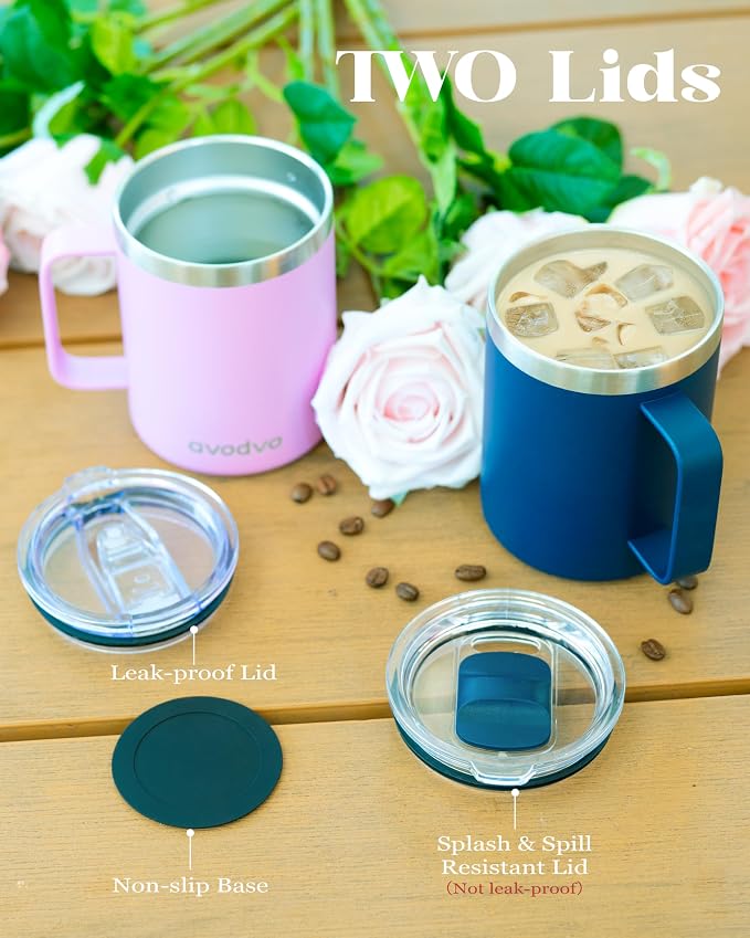 12oz Insulated Coffee Mug with Lid – Includes Two Lids, Stainless Steel Coffee Travel Mug with Handle, Double Wall Vacuum Insulated Camping Mug for Home, Office & Outdoor, Pink - Image 7