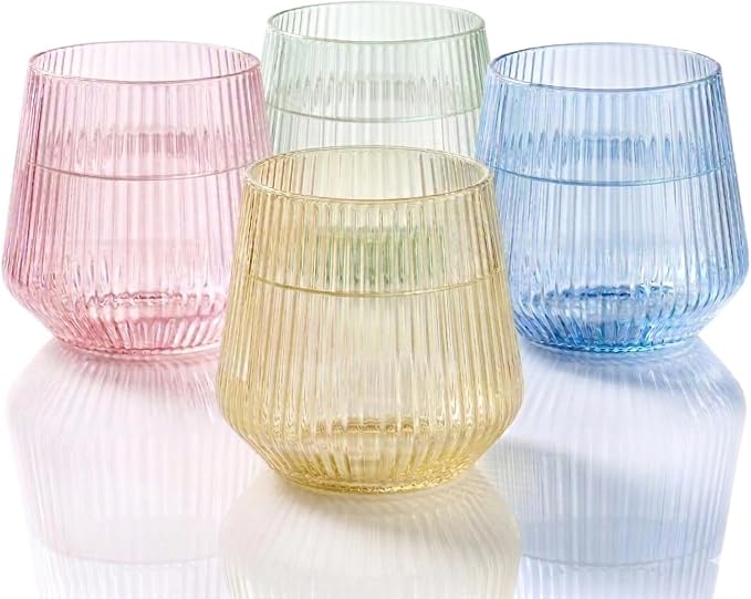 40 Pack Disposable Stemless Plastic Wine Glasses 12 oz - Origami Ribbed Shatterproof Reusable BPA-Free Recyclable Unbreakable Cocktail Cups, Champagne Wedding Birthday Party, Oojami (Color Collection) by Oojami